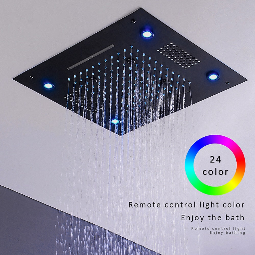 LED Waterfall Bluetooth Speaker Ceiling Shower Head, Rainfall Multi-Mode Showerhead, Matte Black / Chrome