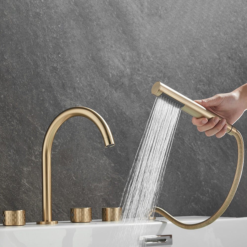 Contemporary 3-Handle Roman Tub Faucet, 5-Hole Brass Tub Filler with Handheld Shower