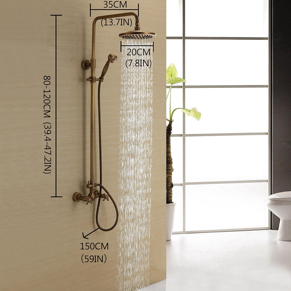 Antique Brass Vintage Exposed Shower Faucet, Wall-Mount Complete Shower System with Handheld Shower / 8-Inch Rain Shower Head