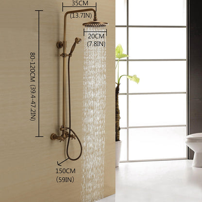Antique Brass Vintage Exposed Shower Faucet, Wall-Mount Complete Shower System with Handheld Shower / 8-Inch Rain Shower Head