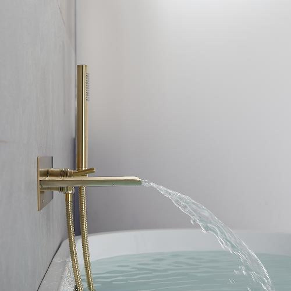 Waterfall Wall-Mount Tub Filler Faucet, Brass Bathtub Faucet with Handheld Shower, Brushed Gold / Matte Black