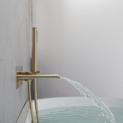 Waterfall Wall-Mount Tub Filler Faucet, Brass Bathtub Faucet with Handheld Shower, Brushed Gold / Matte Black
