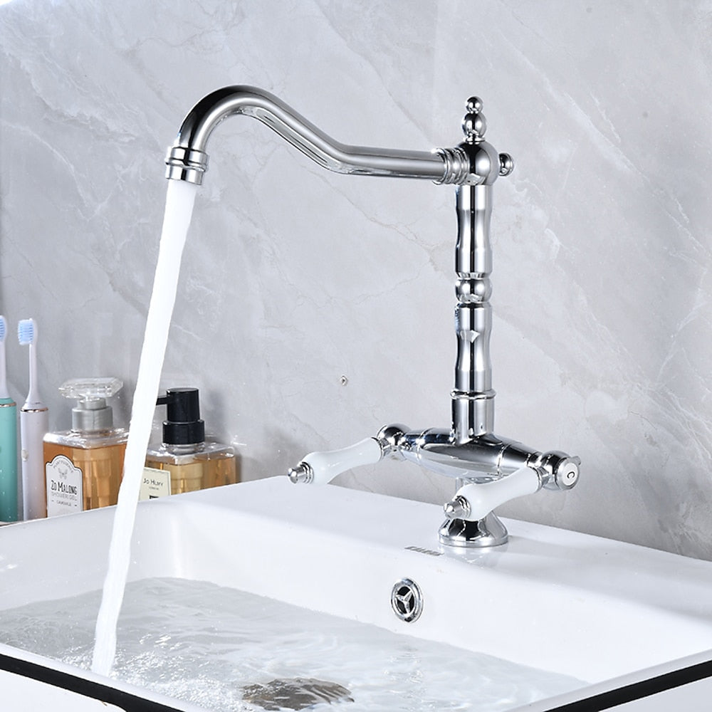 Antique Single-Hole Bathroom Faucet, Dual Ceramic Handle Swivel Spout Faucet, Antique Brass / Brushed Nickel / Chrome / Matte Black / Polished Gold