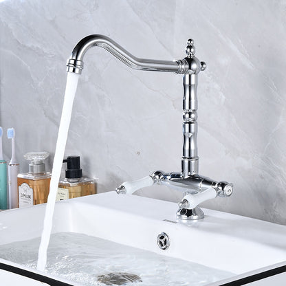 Antique Single-Hole Bathroom Faucet, Dual Ceramic Handle Swivel Spout Faucet, Antique Brass / Brushed Nickel / Chrome / Matte Black / Polished Gold