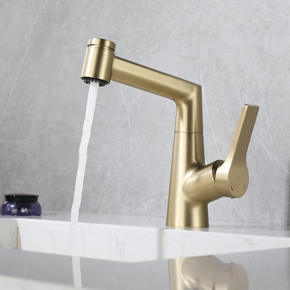 Pull-Out Single-Hole Bathroom Faucet, Single-Handle Brass Faucet, Brushed Gold / Chrome / Matte Black / Gunmetal