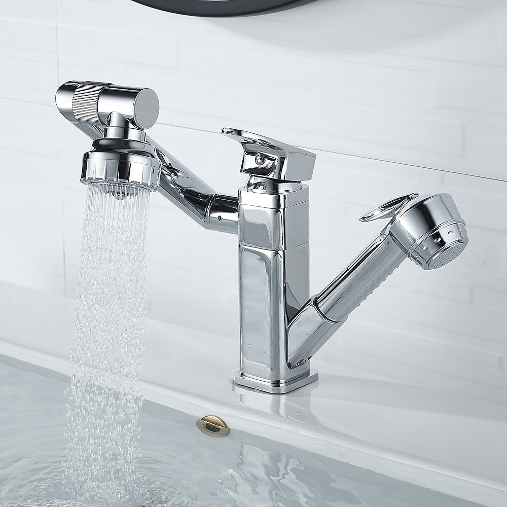 Chrome Single-Hole Bathroom Sink Faucet, Pull-Out Swivel Spout Faucet