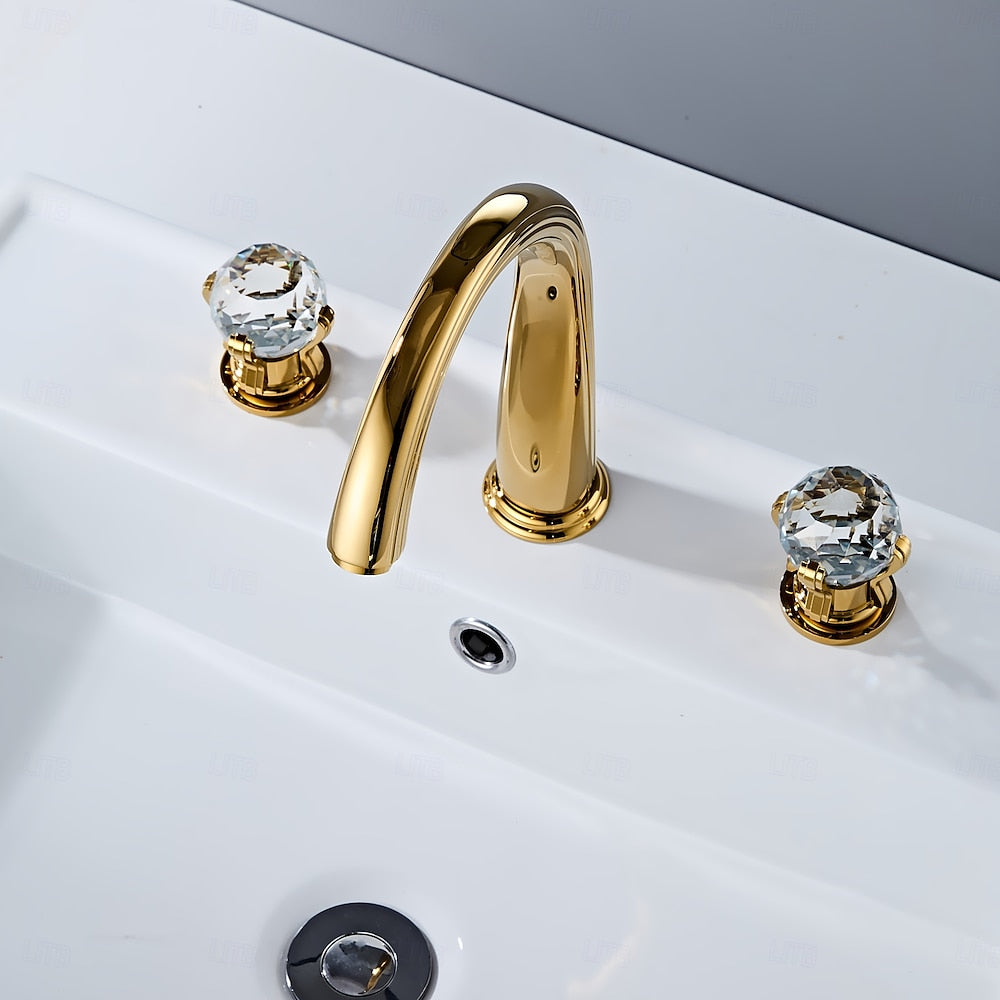 Polished Gold Widespread Bathroom Faucet, 3-Hole Dual-Handle High Arc Faucet with Crystal Knob Handles