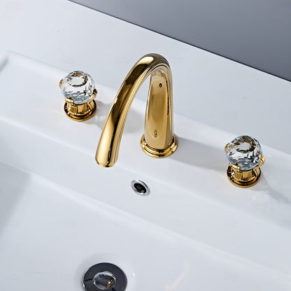 Polished Gold Widespread Bathroom Faucet, 3-Hole Dual-Handle High Arc Faucet with Crystal Knob Handles