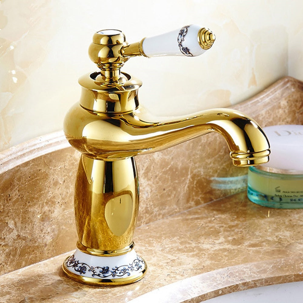 Vintage Single-Hole Bathroom Faucet, Single-Handle Brass Vanity Faucet with Ceramic Floral Accent