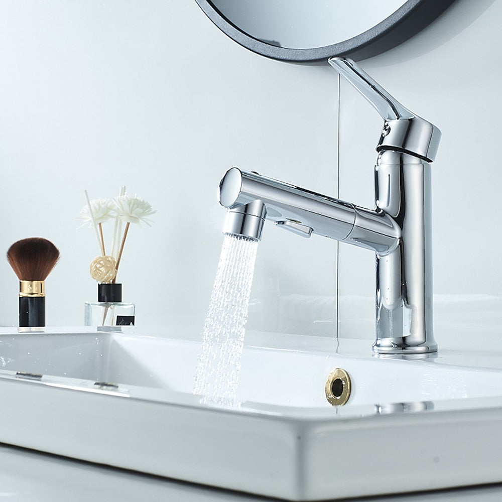 Modern Pull-Out Bathroom Faucet, Single-Handle Fountain Spout Faucet, Matte Black / Chrome