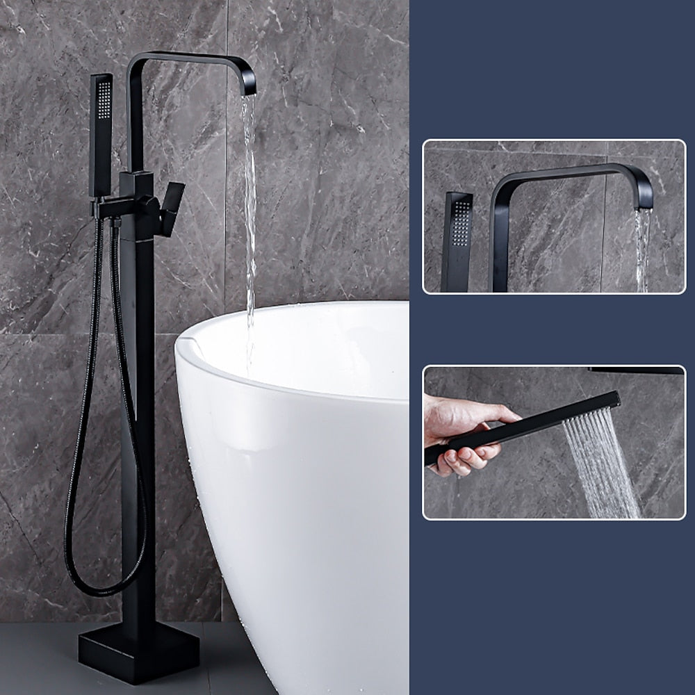 Modern Freestanding Tub Filler Faucet, Single-Handle Brass Bathtub Faucet with Handheld Shower, Chrome / Matte Black
