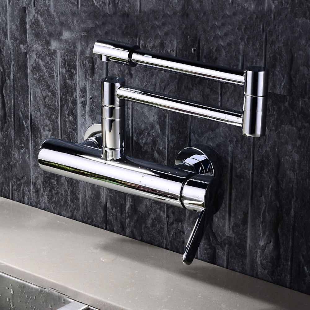 Chrome Wall-Mount Kitchen Faucet, Double-Joint Folding Swivel Spout Brass Faucet