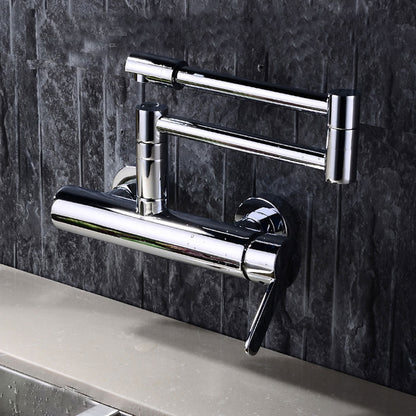 Chrome Wall-Mount Kitchen Faucet, Double-Joint Folding Swivel Spout Brass Faucet