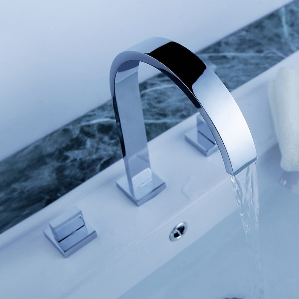 Chrome Waterfall Widespread Bathroom Faucet, Contemporary 3-Hole Double-Handle Faucet with High Arc Swivel Spout