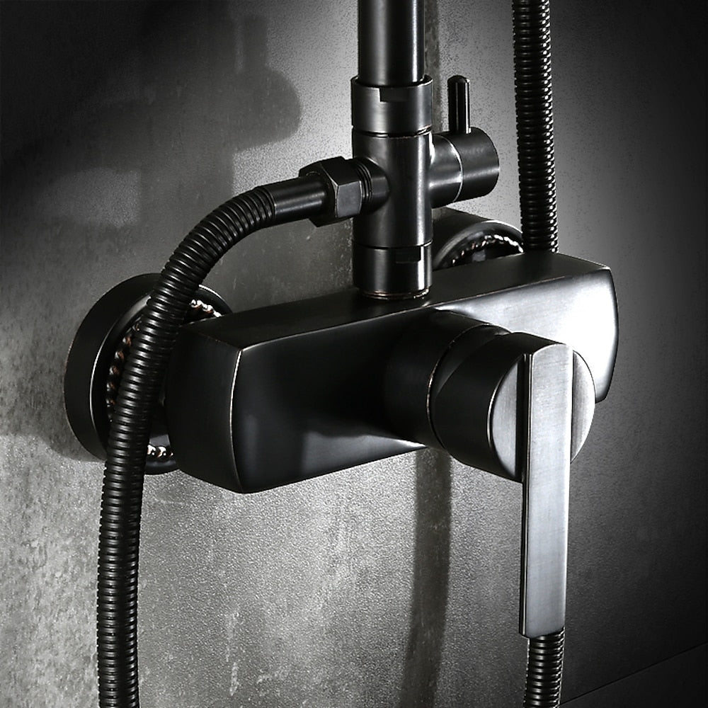 Antique Oil-Rubbed Bronze Wall-Mount Exposed Pipe Tub Shower System, Complete Brass Shower Faucet with Rain Shower Head / Handheld Shower