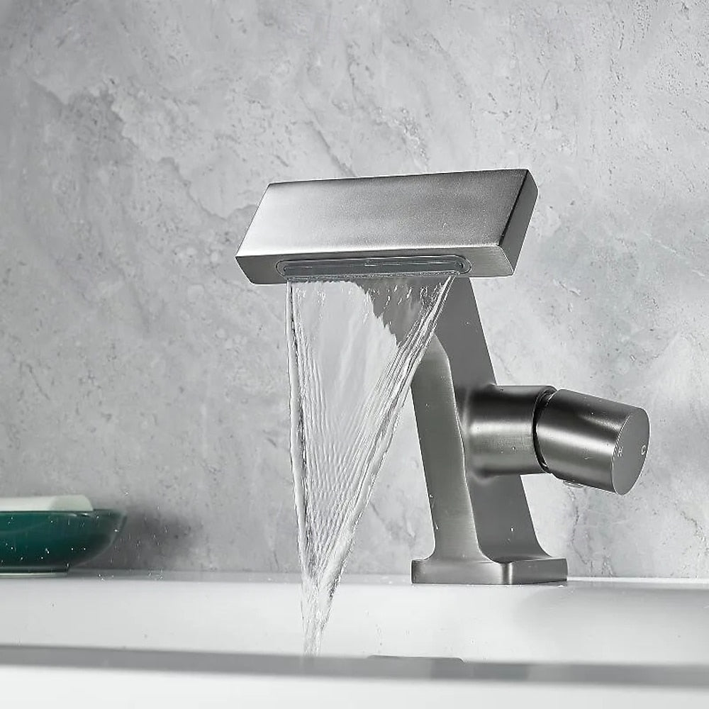 Waterfall Single-Hole Bathroom Faucet, Single-Handle Deck-Mount Faucet, Antique Brass / Brushed Gold / Chrome / Gunmetal / Matte Black / Matte White