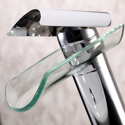 Chrome Modern Waterfall Bathroom Faucet, Single-Handle Vessel Sink Faucet with Glass Spout