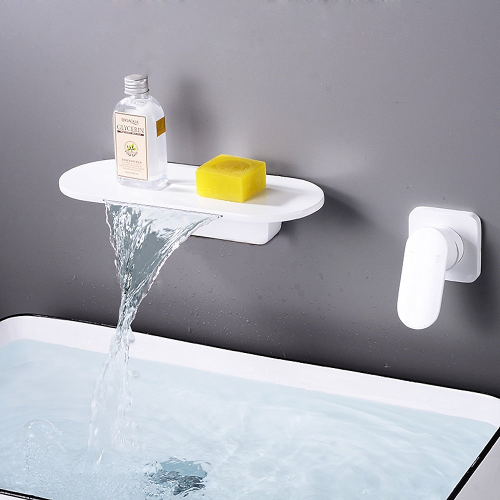 Waterfall Wall-Mount Bathroom Faucet, Single-Handle Brass Sink Faucet, Matte Black / Matte White