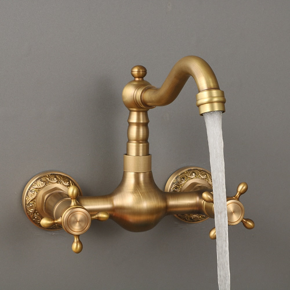 Traditional Antique Brass Wall-Mount Kitchen Faucet, Dual Cross Handle Brass Faucet with Swivel Spout