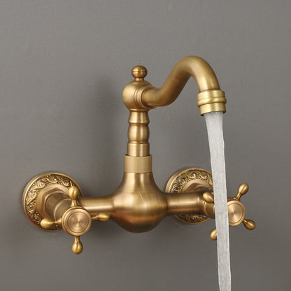 Traditional Antique Brass Wall-Mount Kitchen Faucet, Dual Cross Handle Brass Faucet with Swivel Spout