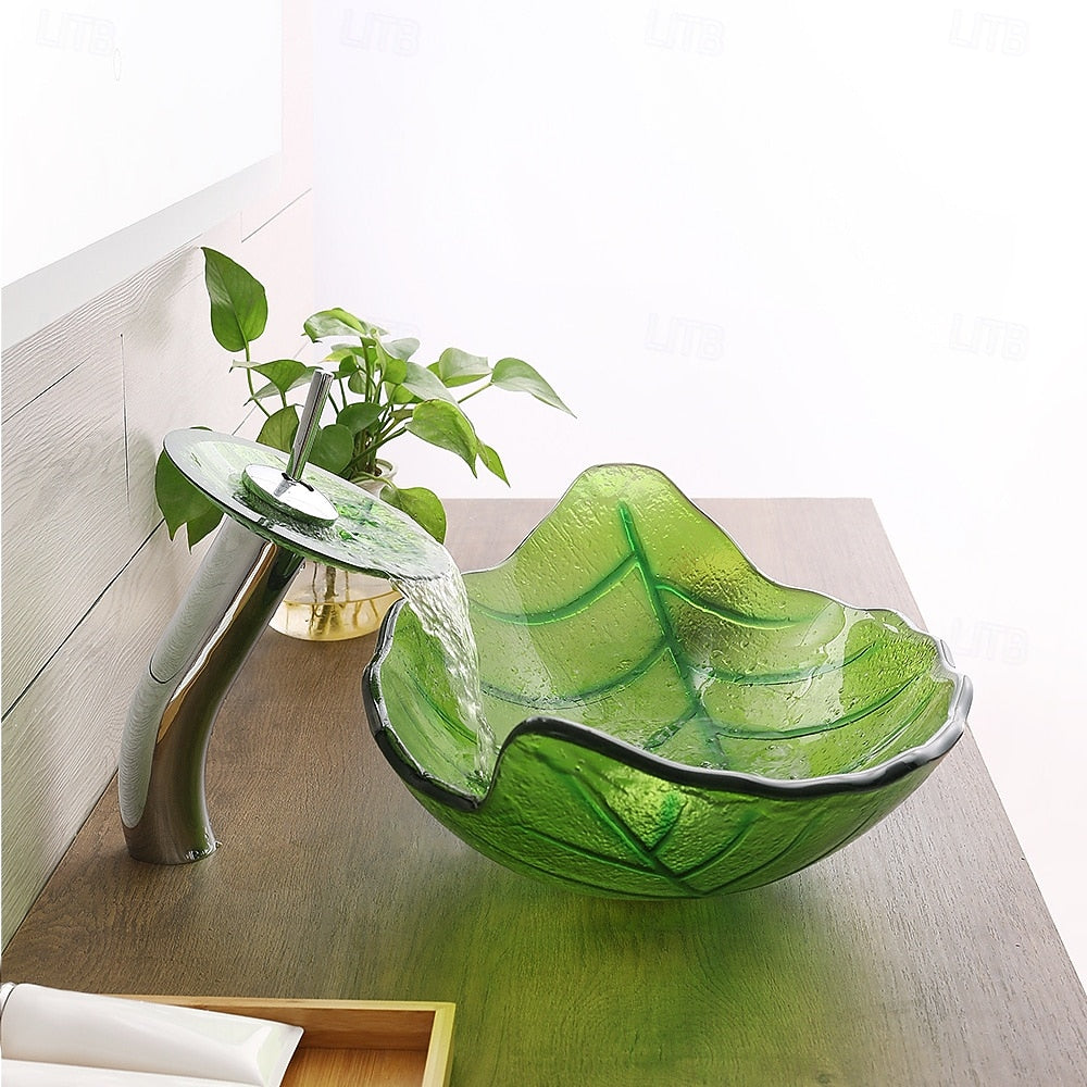 Modern Leaf-Shaped Glass Vessel Sink, Single-Handle Waterfall Spout Faucet Combo with Pop-Up Drain, Multi- / Bronze / Black / Gold