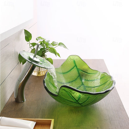 Modern Leaf-Shaped Glass Vessel Sink, Single-Handle Waterfall Spout Faucet Combo with Pop-Up Drain, Multi- / Bronze / Black / Gold