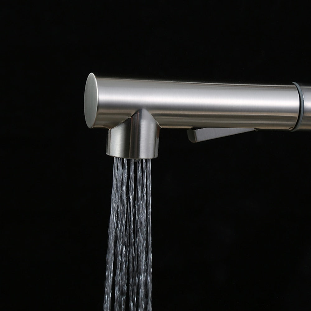 Brushed Nickel Stainless Steel Pull-Down Kitchen Faucet, Single-Hole Single-Handle Faucet, Modern Swivel Spout Faucet