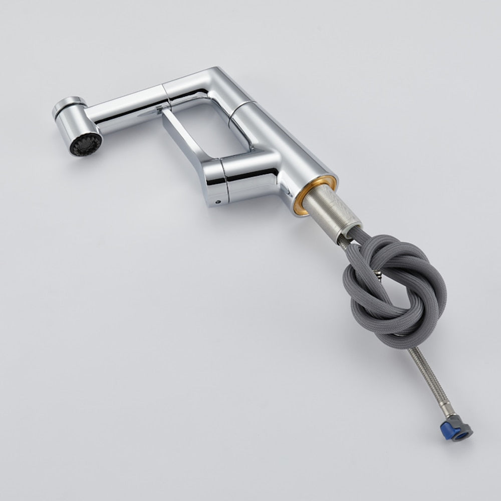 Pull-Out Single-Hole Bathroom Faucet, Single-Handle Brass Faucet, Brushed Gold / Chrome / Matte Black / Gunmetal