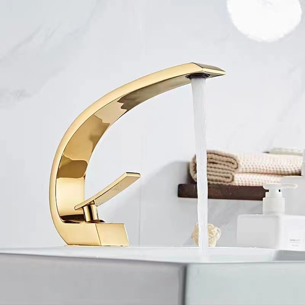 Waterfall Single-Hole Bathroom Faucet, Single-Handle Brass Faucet, Chrome / Matte Black / Polished Gold / Rose Gold