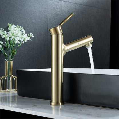 Pull-Out Single-Hole Bathroom Faucet, Modern Single-Handle Basin Faucet with 2-Mode Sprayer, Matte Black / Brushed Gold / Gunmetal