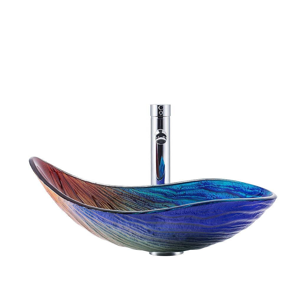 Modern Boat-Shape Tempered Glass Vessel Sink Faucet Combo, Vessel Sink Faucet Combo with Pop-Up Drain, Multi- / Gold / Bronze / Copper / Silver