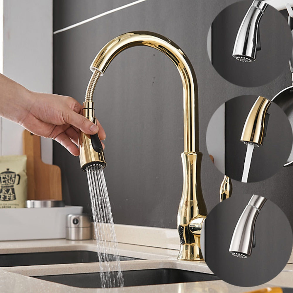 Pull-Down High Arc Kitchen Faucet, Single-Handle Brass Faucet, Brushed Nickel / Polished Gold / Chrome
