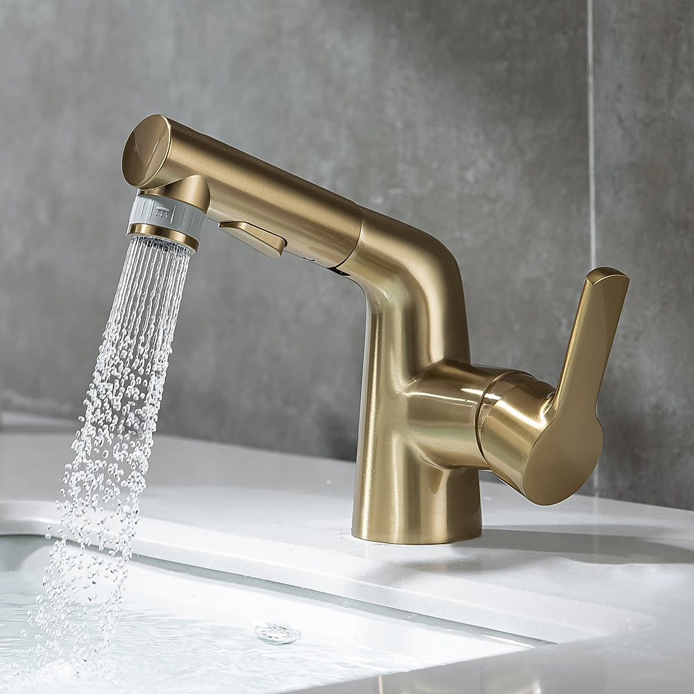 Modern Pull-Out Bathroom Sink Faucet, Single-Handle Swivel Spout Faucet, Brushed Gold / Chrome / Matte Black / Gunmetal
