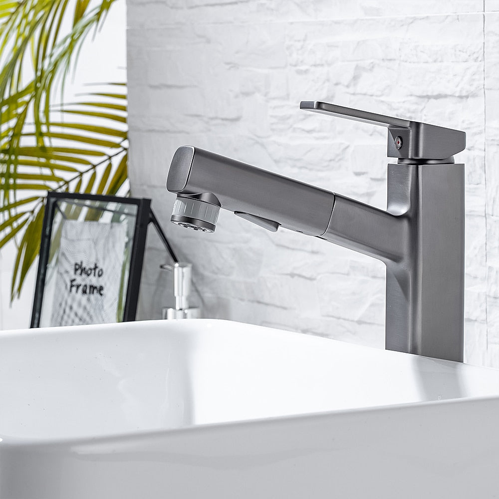 Pull-Out Single-Hole Brass Bathroom Faucet, Upward Fountain Spout Faucet, Chrome / Matte Black / Brushed Gold / Gunmetal