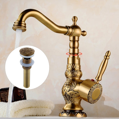 Antique Brass Vintage Floral Carved Bathroom Faucet with Pop-Up Drain, Single-Handle Swivel Spout Faucet
