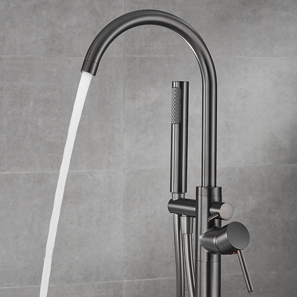 Gunmetal Floor-Mount Freestanding Tub Filler Faucet, Single-Handle Swivel Spout Bathtub Faucet with Handheld Shower