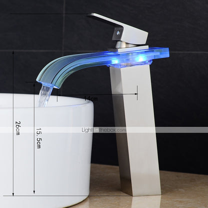 LED Glass Waterfall Bathroom Faucet, Single-Handle Single-Hole Faucet, Brushed Nickel / Brushed Gold / Matte Black / Chrome