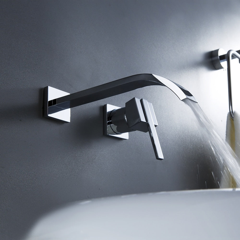 Waterfall Chrome Wall-Mount Bathroom Faucet, Single-Handle Brass Basin Faucet
