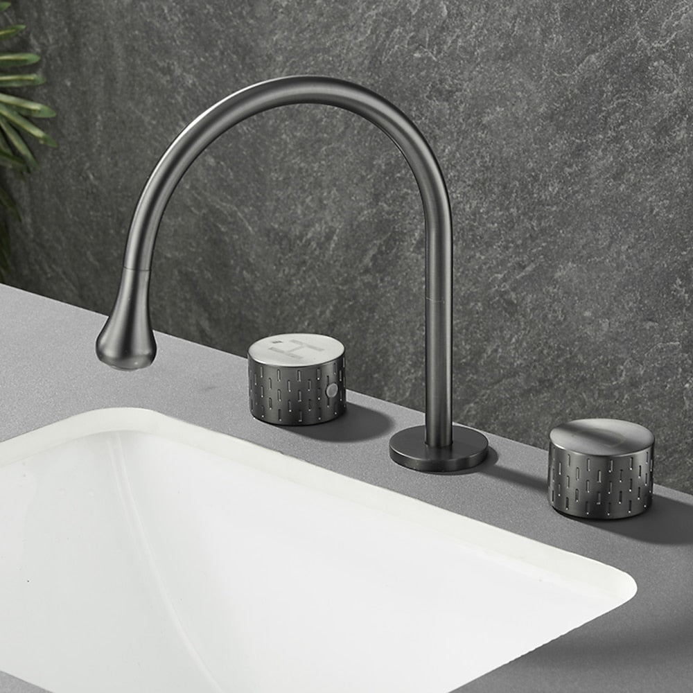 360-Degree Swivel Modern Bathroom Sink Faucet, 3-Hole Widespread Brass Faucet, Gunmetal / Matte Black / Brushed Gold / Chrome
