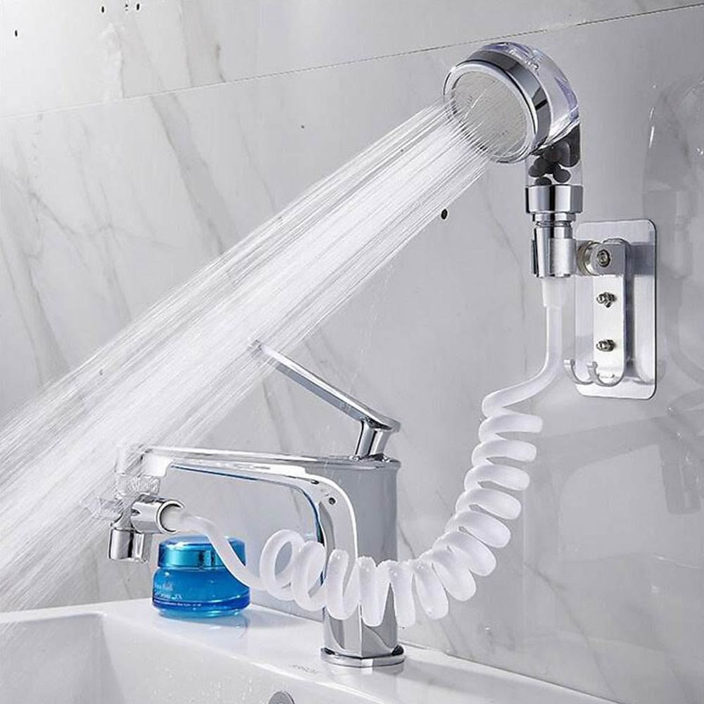Ionic Filtration Chrome Faucet Spray Head Extension Set, Handheld Basin Rinser Faucet Kit with Coiled Hose / Adhesive Wall Bracket