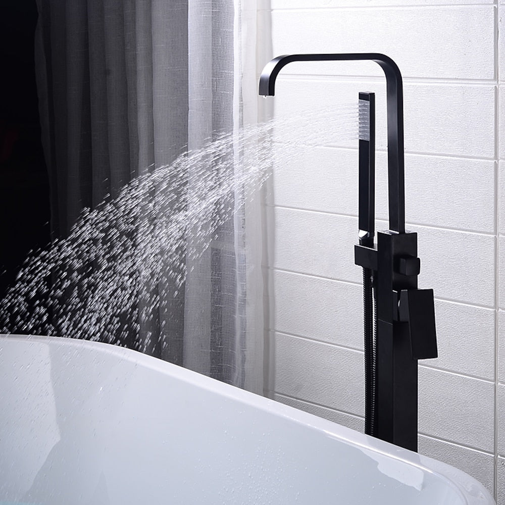 Modern Freestanding Tub Filler Faucet, Single-Handle Brass Bathtub Faucet with Handheld Shower, Chrome / Matte Black