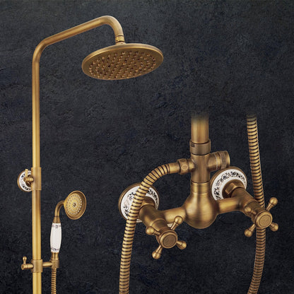 Rainfall Vintage Wall-Mount Dual-Handle Shower Faucet, Brass Shower System with Handheld Shower, Antique Brass / Brushed Nickel