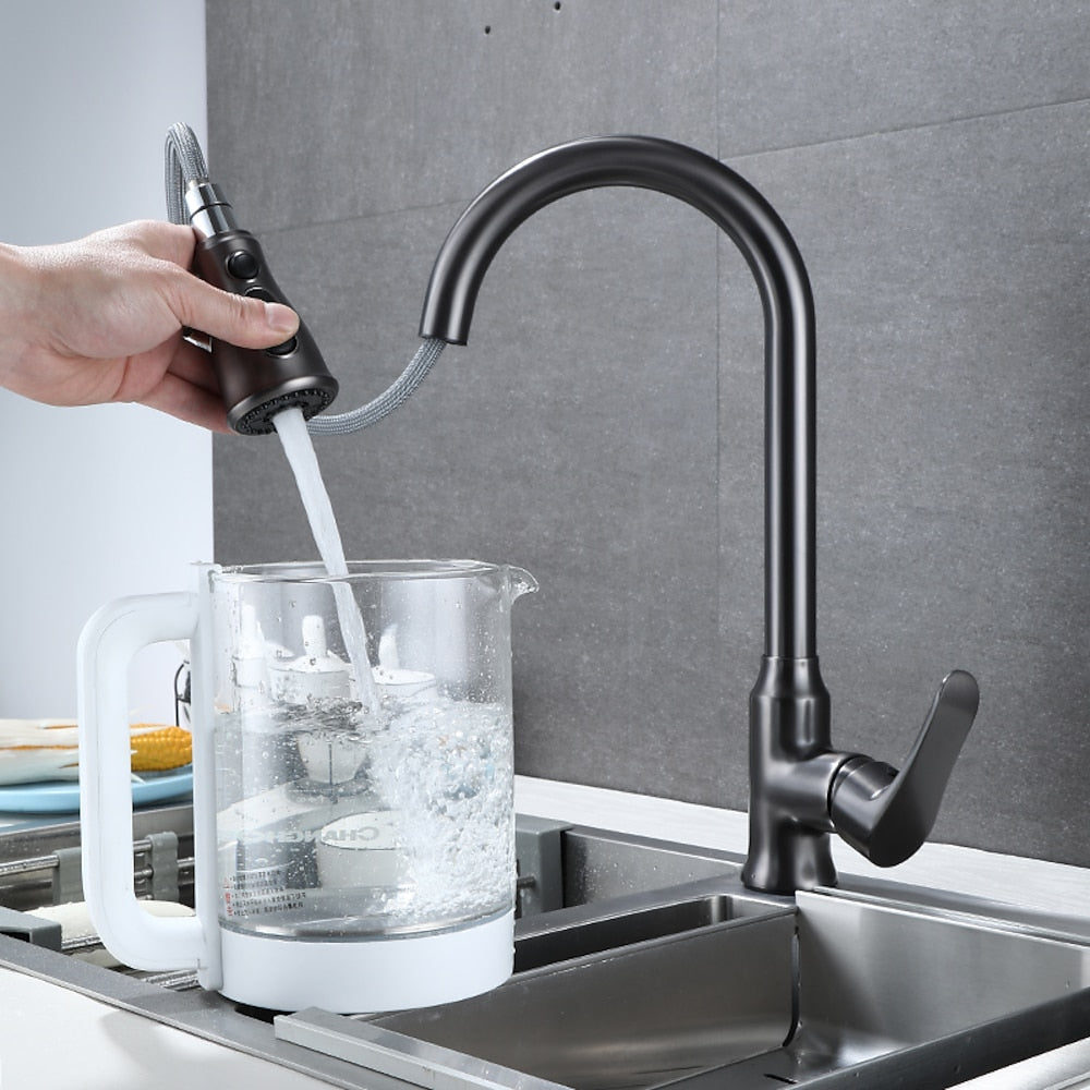 Modern Pull-Down Kitchen Faucet, Single-Handle High-Arc Brass Faucet, Chrome / Gunmetal / Matte Black
