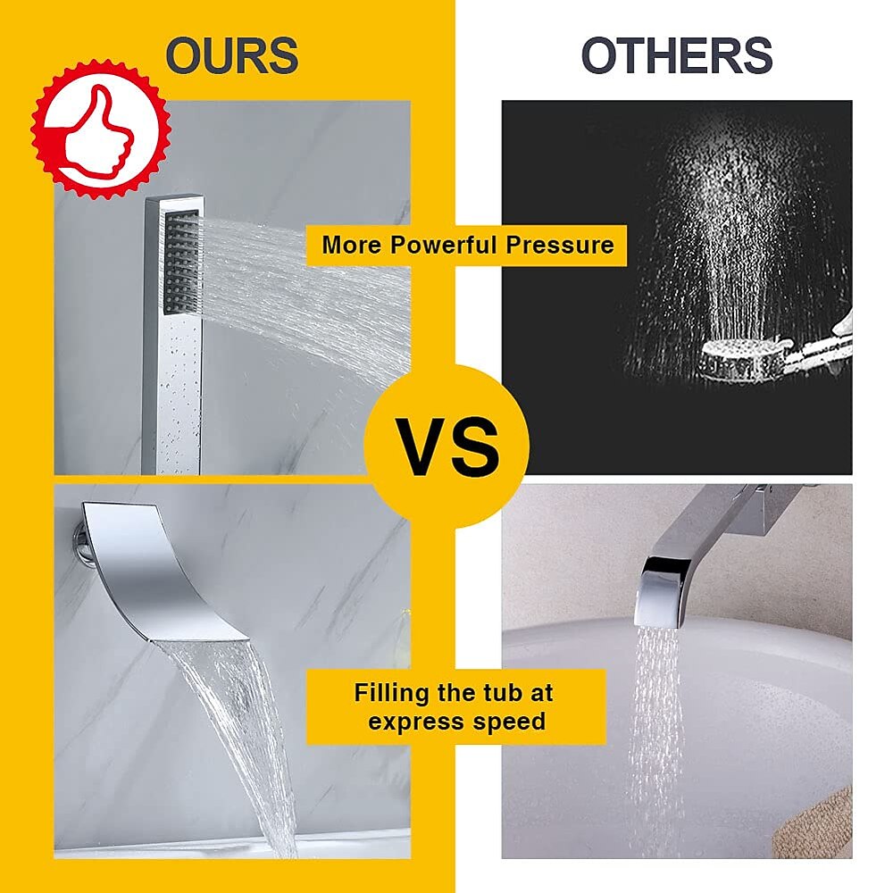 Chrome Wall-Mounted Waterfall Tub Faucet, Single-Handle Brass Faucet with Handheld Shower