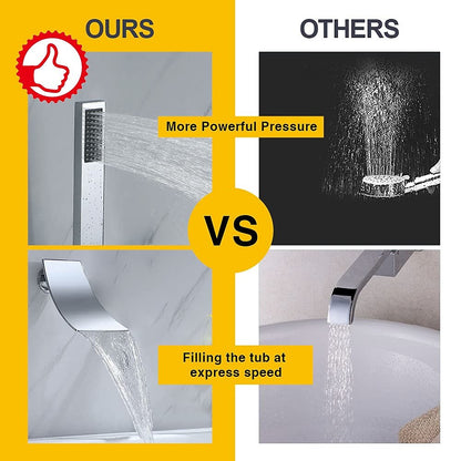 Chrome Wall-Mounted Waterfall Tub Faucet, Single-Handle Brass Faucet with Handheld Shower