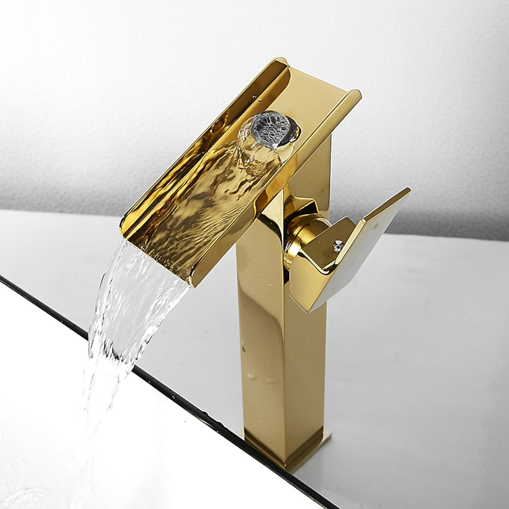 Brushed Gold Waterfall Bathroom Sink Faucet, Modern Single-Hole Single-Handle Faucet