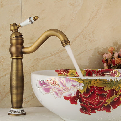 Vintage High-Arc Vessel Sink Faucet, Single-Handle Deck-Mounted Faucet, Brass Faucet with Ceramic Lever Handle, Antique Brass / Matte Black