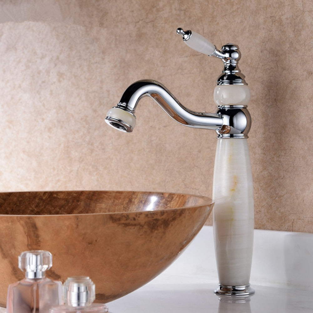 Vintage Natural Jade Vessel Sink Faucet, Single-Handle Swivel Spout Brass Faucet, Chrome / Polished Gold / Oil-Rubbed Bronze / Rose Gold