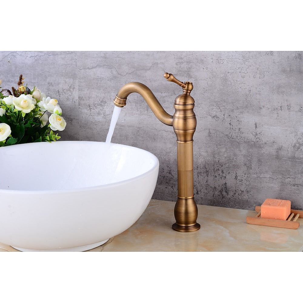 Antique Brass High-Arc Vessel Sink Faucet, Traditional Single-Handle Single-Hole Brass Faucet with Pop-Up Drain