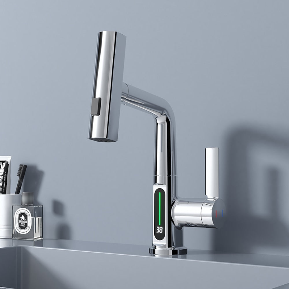 Modern LED Temperature Display Pull-Out Bathroom Faucet, Single-Handle Swivel Faucet, Matte Black / Chrome / Matte White / Gunmetal